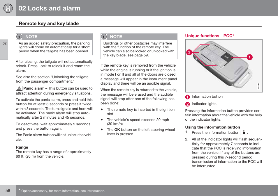 02 locks and alarm | Volvo 2013 XC70 User Manual | Page 60 / 382