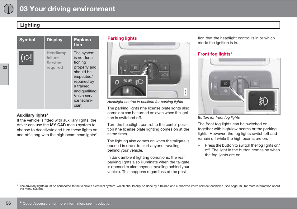 03 your driving environment, Lighting | Volvo 2013 XC70 User Manual | Page 98 / 382