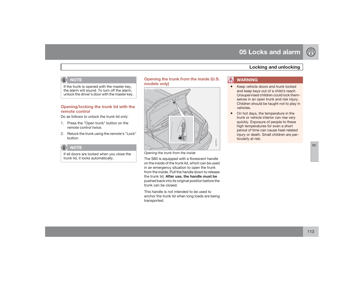 05 locks and alarm | Volvo 2009 S60 User Manual | Page 113 / 254