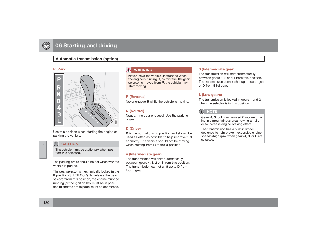 06 starting and driving | Volvo 2009 S60 User Manual | Page 130 / 254