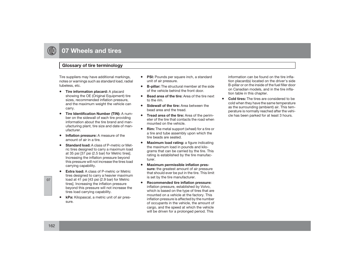 07 wheels and tires | Volvo 2009 S60 User Manual | Page 162 / 254