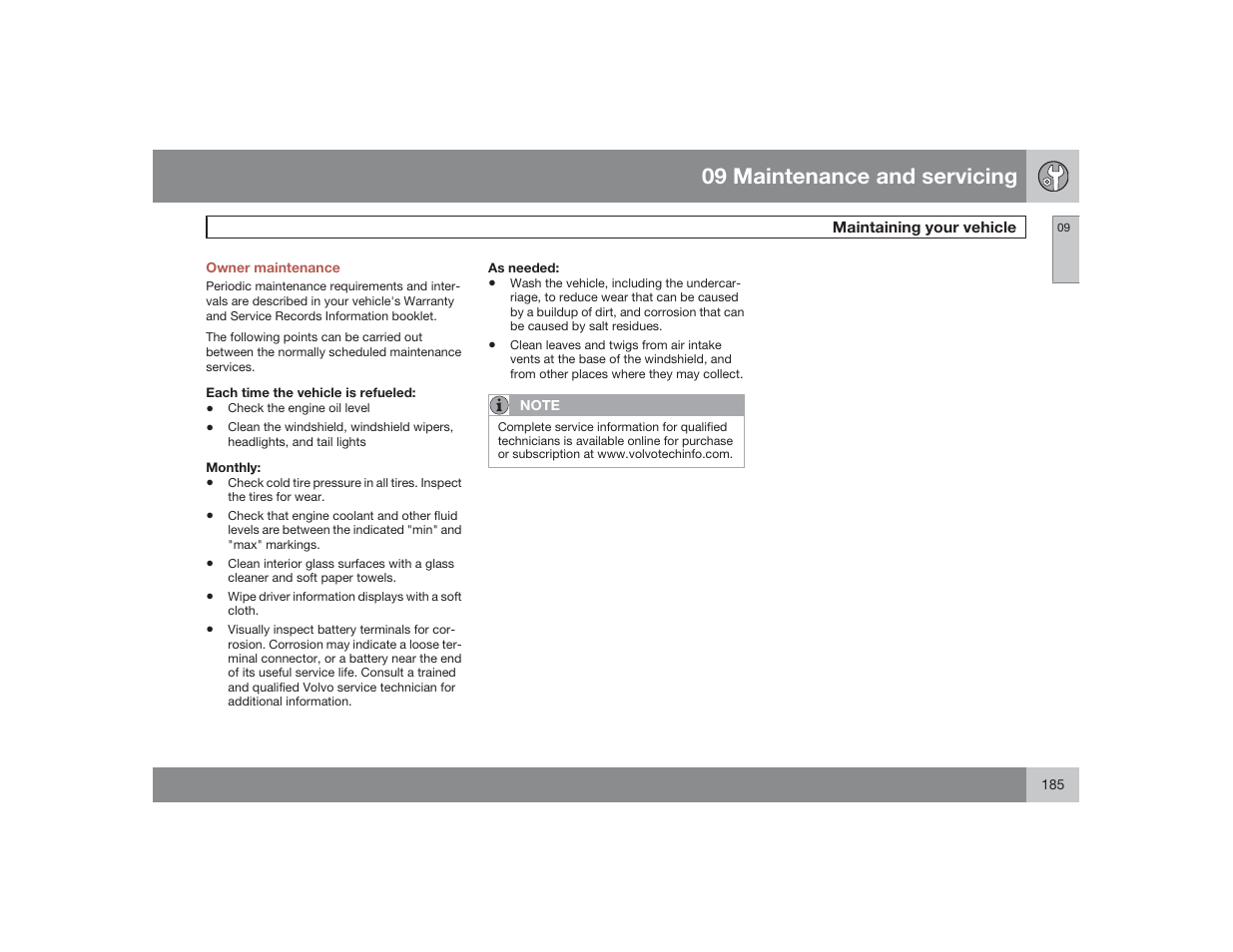 09 maintenance and servicing | Volvo 2009 S60 User Manual | Page 185 / 254