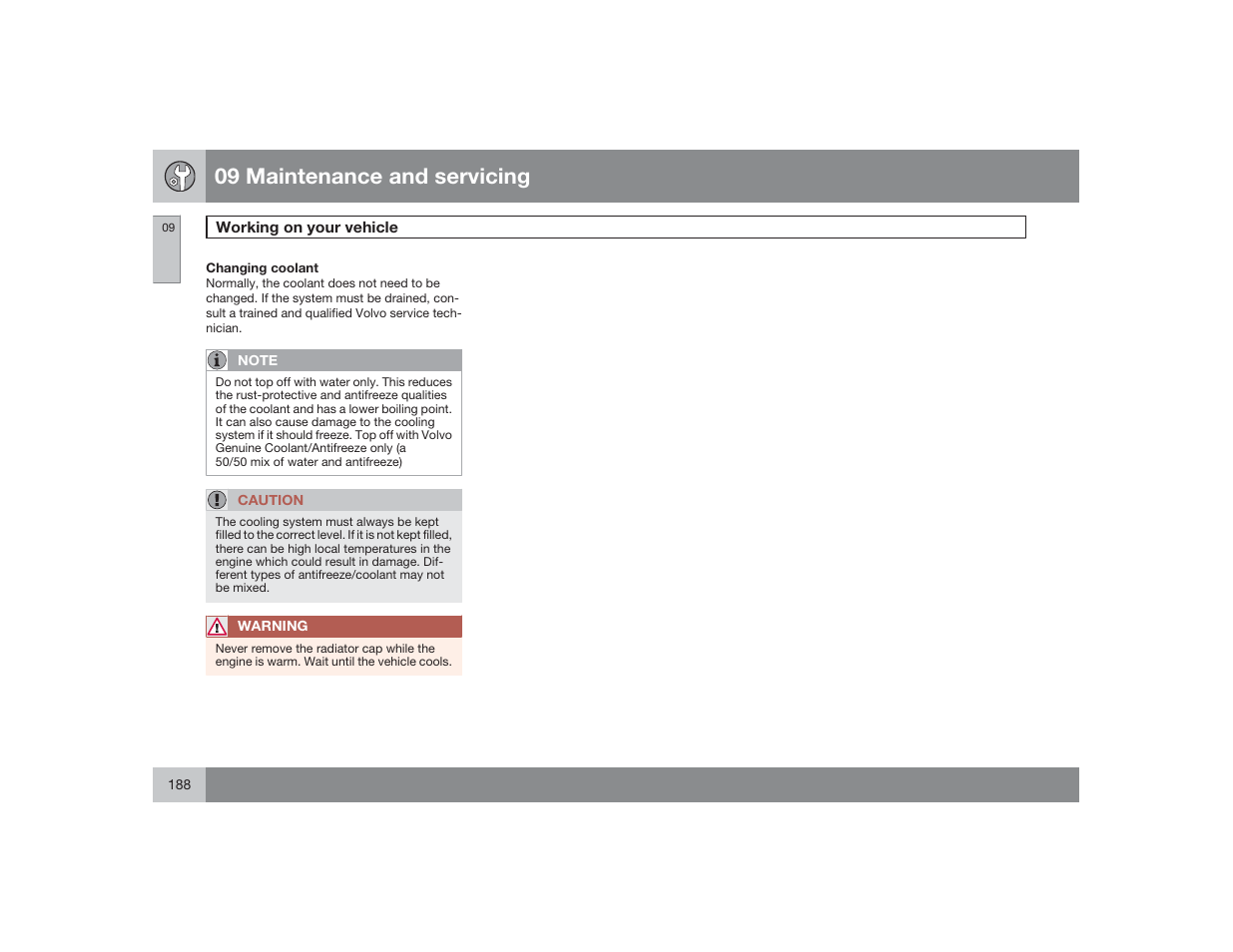 09 maintenance and servicing | Volvo 2009 S60 User Manual | Page 188 / 254