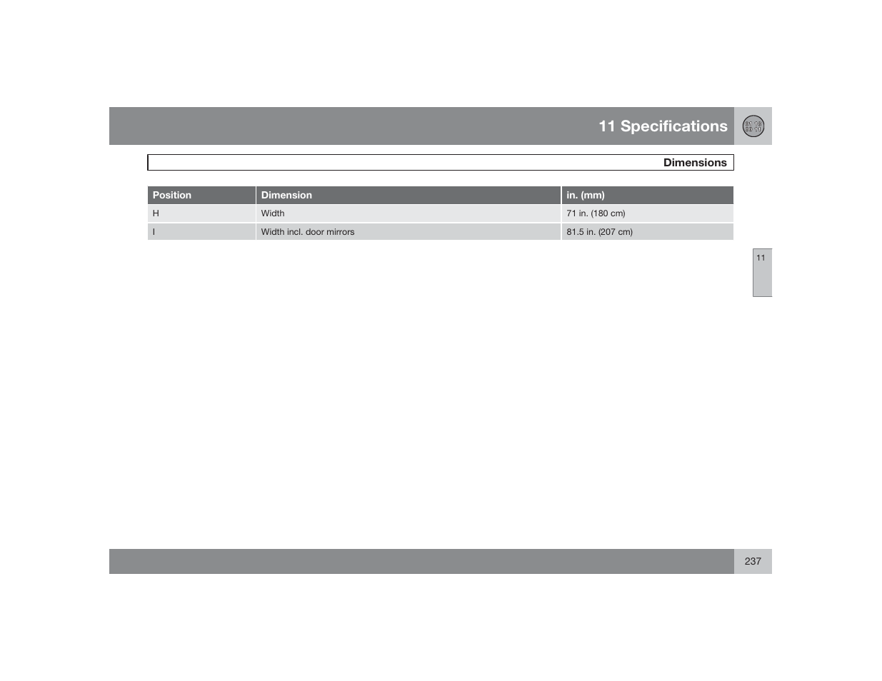 11 specifications | Volvo 2009 S60 User Manual | Page 237 / 254