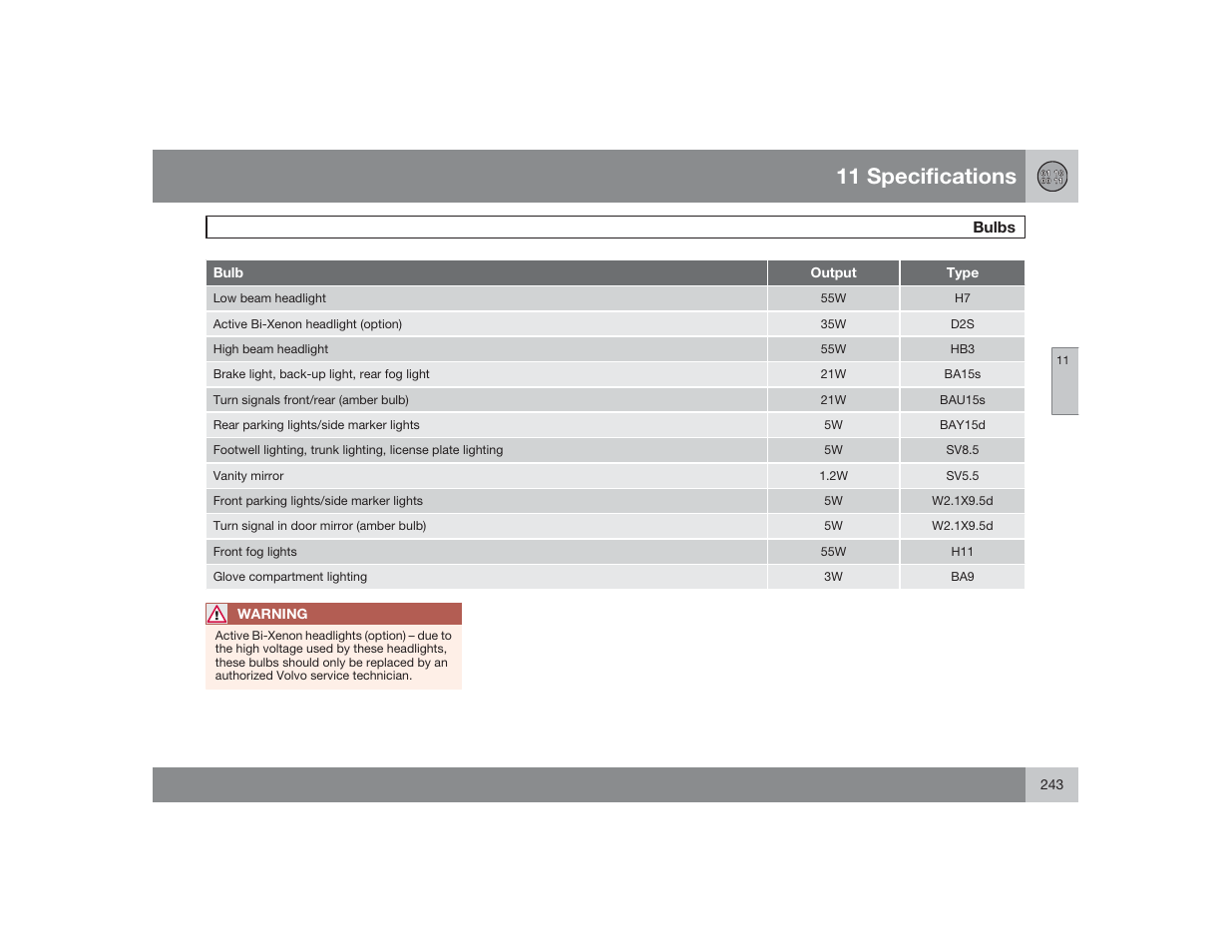 11 specifications | Volvo 2009 S60 User Manual | Page 243 / 254