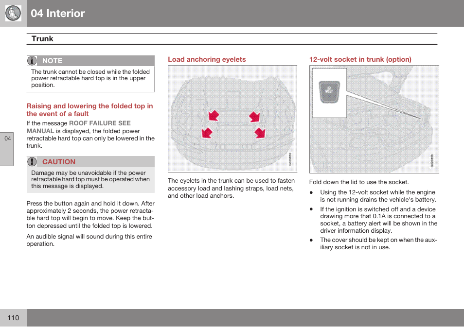 Load anchoring eyelets, Volt socket in trunk (option), 04 interior | Volvo 2009 C70 User Manual | Page 110 / 278