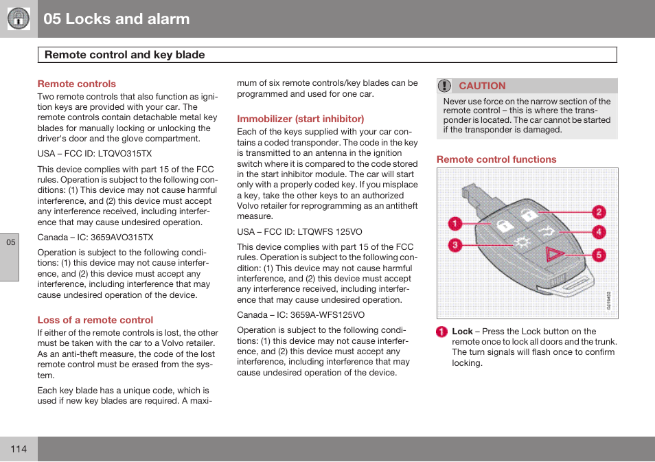 Locks and alarm, Remote control and key blade, Loss of a remote control | Immobilizer (start inhibitor), Remote control functions, 05 locks and alarm | Volvo 2009 C70 User Manual | Page 114 / 278