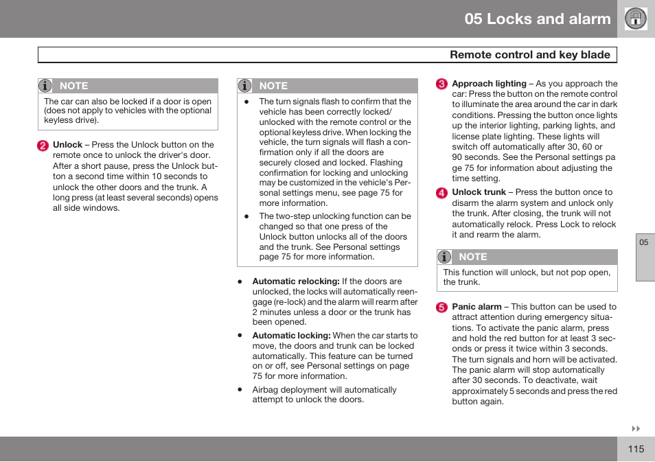 05 locks and alarm | Volvo 2009 C70 User Manual | Page 115 / 278