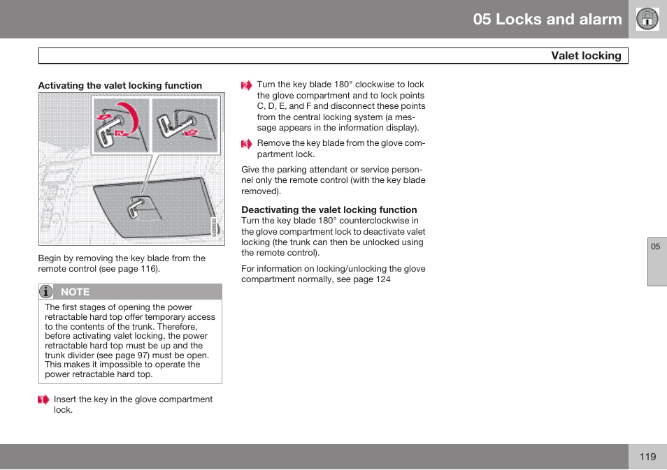 05 locks and alarm | Volvo 2009 C70 User Manual | Page 119 / 278