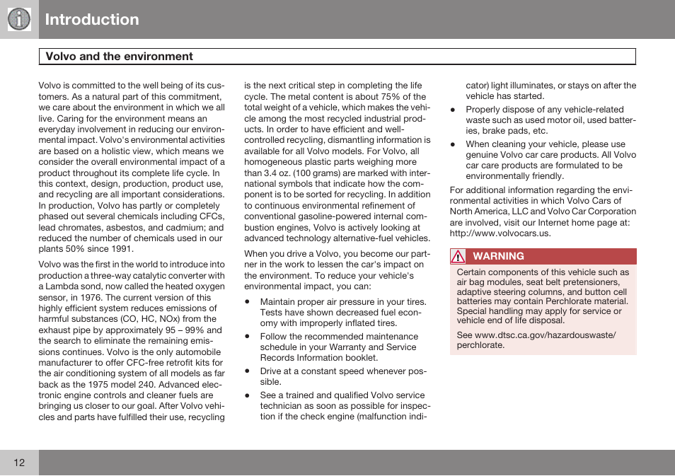 Volvo and the environment, Introduction | Volvo 2009 C70 User Manual | Page 12 / 278