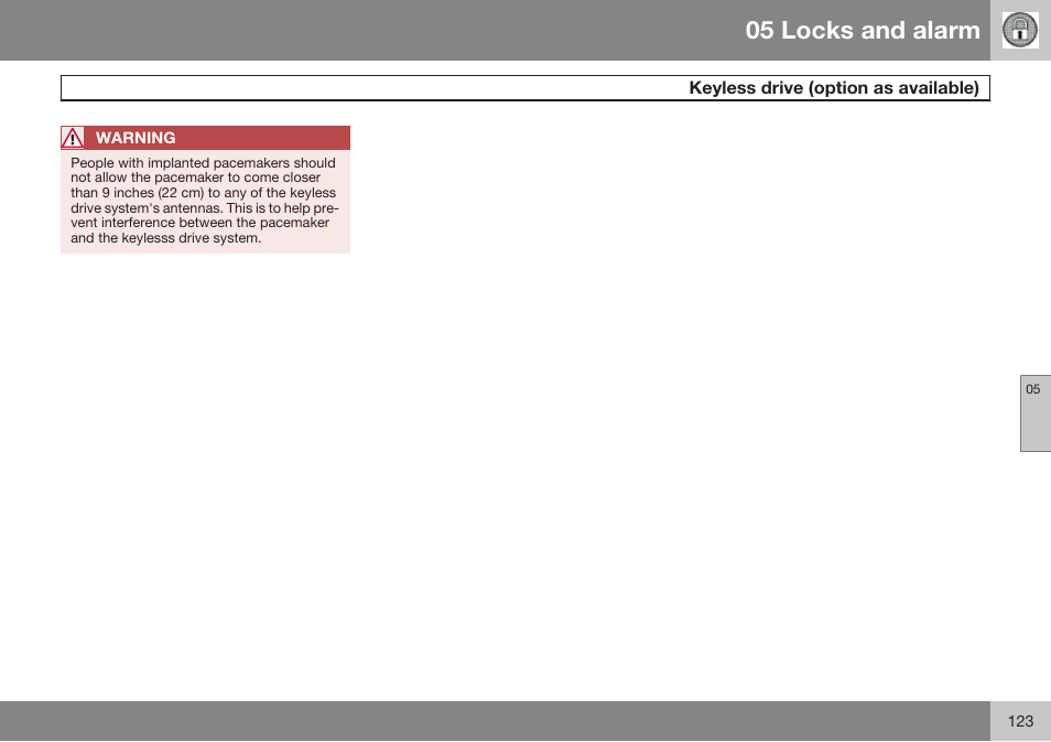 05 locks and alarm | Volvo 2009 C70 User Manual | Page 123 / 278