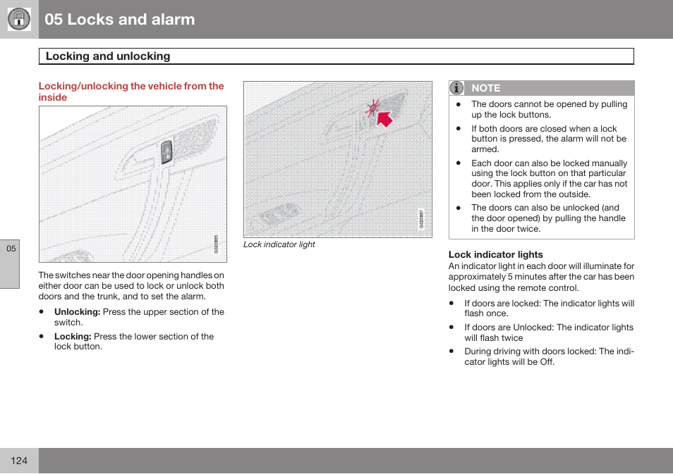 Locking/unlocking the vehicle from the inside, Locking and unlocking, 05 locks and alarm | Volvo 2009 C70 User Manual | Page 124 / 278