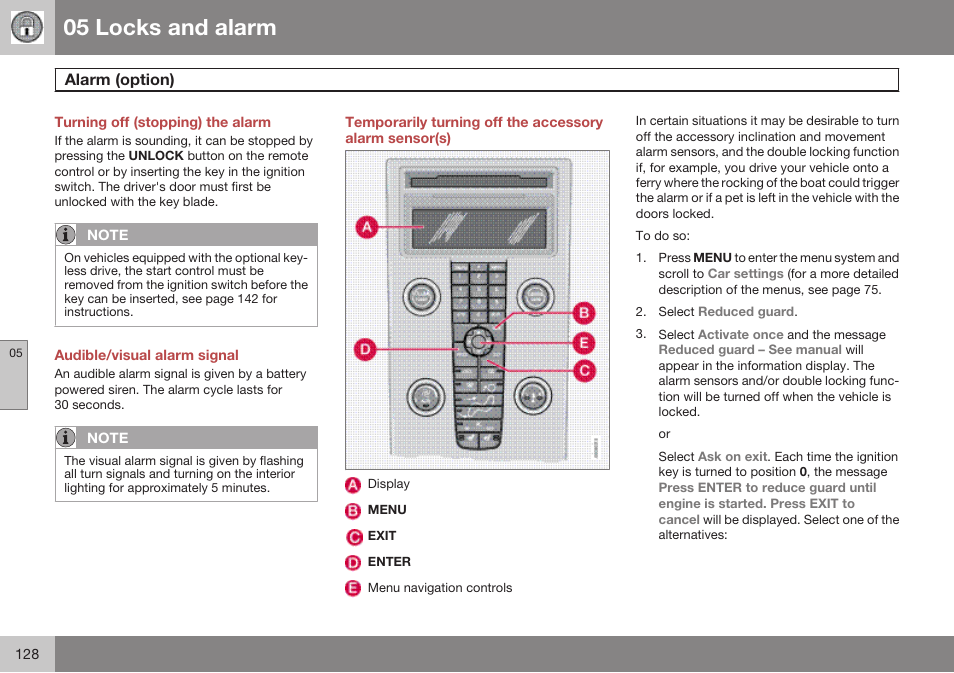 Turning off (stopping) the alarm, Audible/visual alarm signal, 05 locks and alarm | Volvo 2009 C70 User Manual | Page 128 / 278