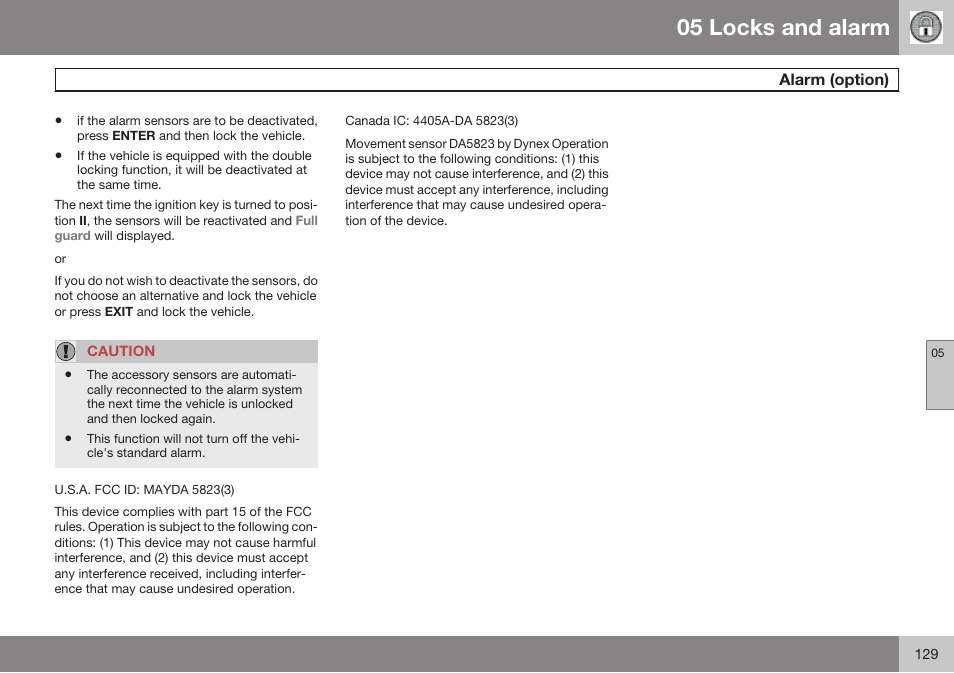 Starting and driving, 05 locks and alarm | Volvo 2009 C70 User Manual | Page 129 / 278