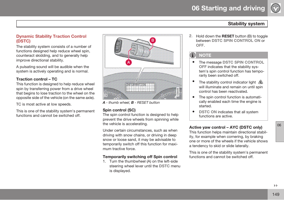Dynamic stability traction control (dstc), Stability system, 06 starting and driving | Volvo 2009 C70 User Manual | Page 149 / 278