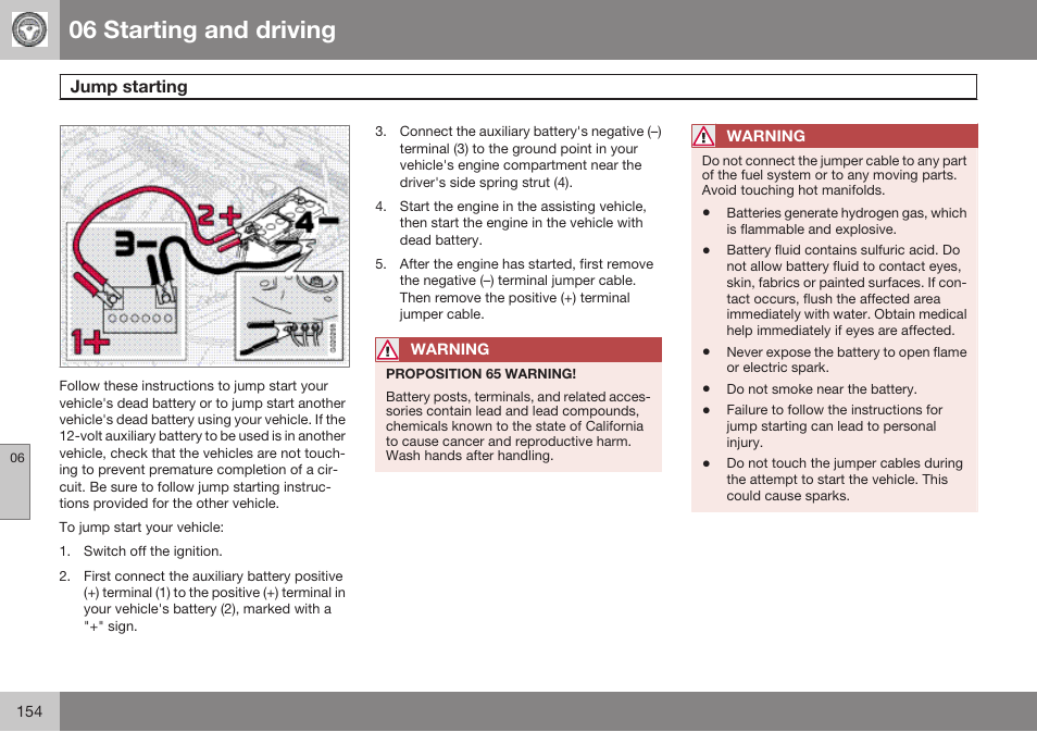 Jump starting, 06 starting and driving | Volvo 2009 C70 User Manual | Page 154 / 278