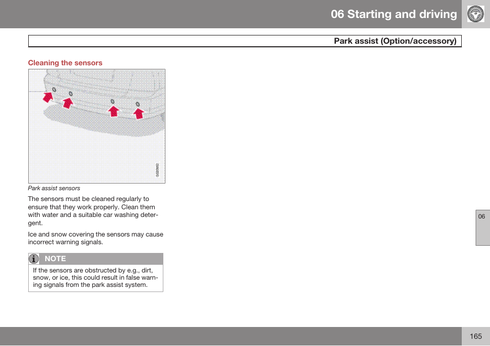 Cleaning the sensors, 06 starting and driving | Volvo 2009 C70 User Manual | Page 165 / 278