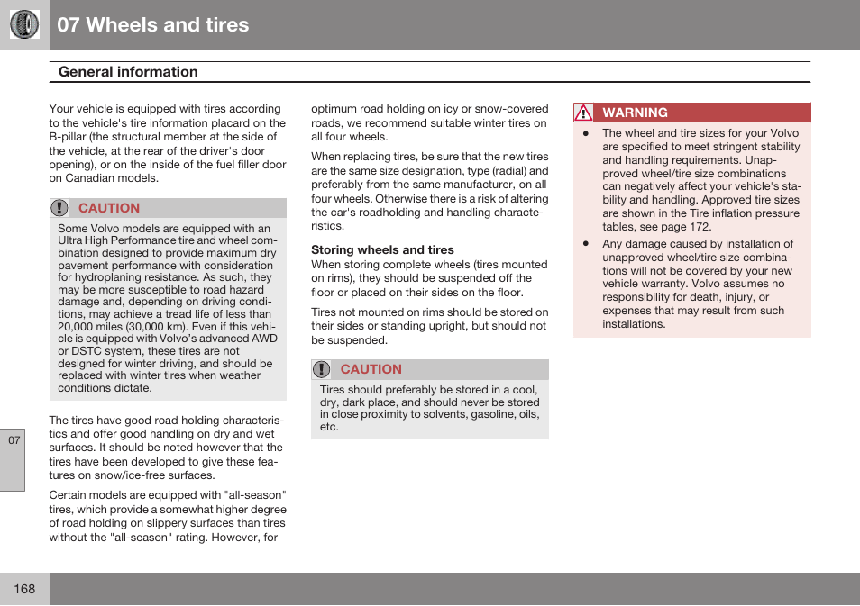 Wheels and tires, General information, 07 wheels and tires | Volvo 2009 C70 User Manual | Page 168 / 278
