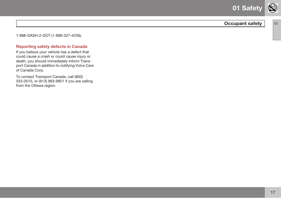 Reporting safety defects in canada, 01 safety | Volvo 2009 C70 User Manual | Page 17 / 278