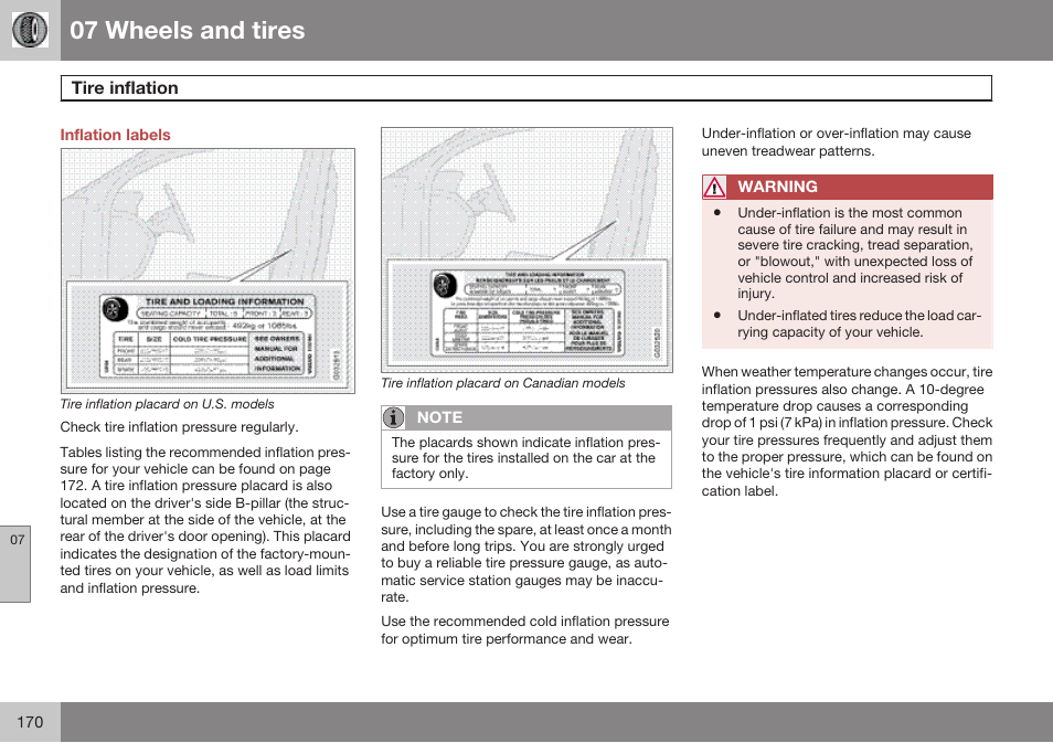 Inflation labels, Tire inflation, 07 wheels and tires | Volvo 2009 C70 User Manual | Page 170 / 278