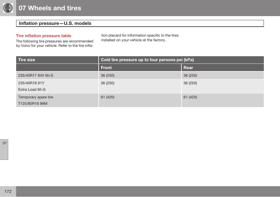 Tire inflation pressure table, Inflation pressure—u.s. models, 07 wheels and tires | Volvo 2009 C70 User Manual | Page 172 / 278