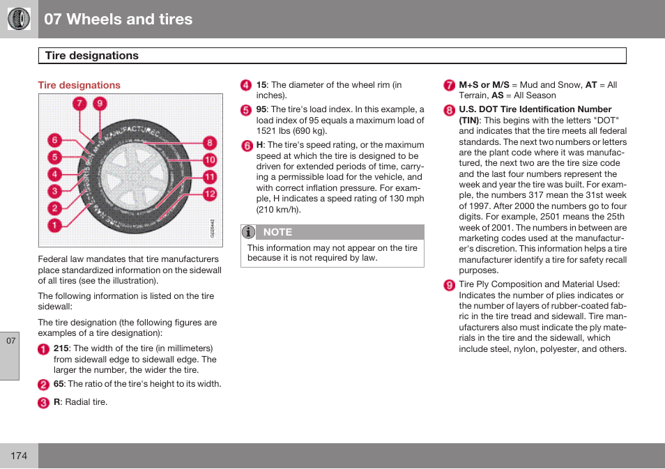 Tire designations, 07 wheels and tires | Volvo 2009 C70 User Manual | Page 174 / 278