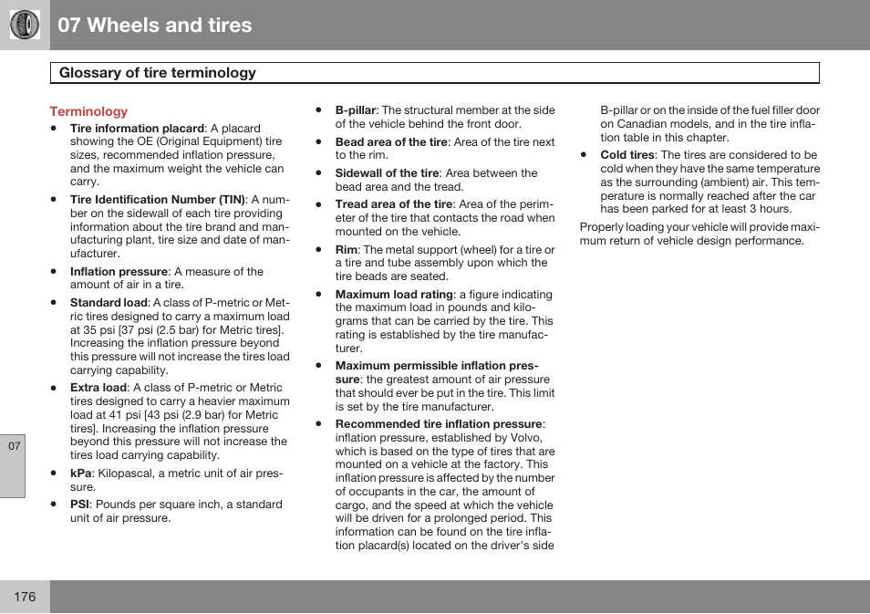 Terminology, Glossary of tire terminology, 07 wheels and tires | Volvo 2009 C70 User Manual | Page 176 / 278