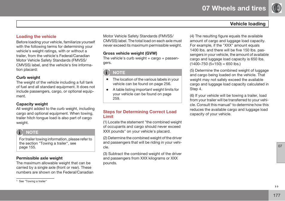 Loading the vehicle, Vehicle loading, Steps for determining correct load limit | 07 wheels and tires | Volvo 2009 C70 User Manual | Page 177 / 278