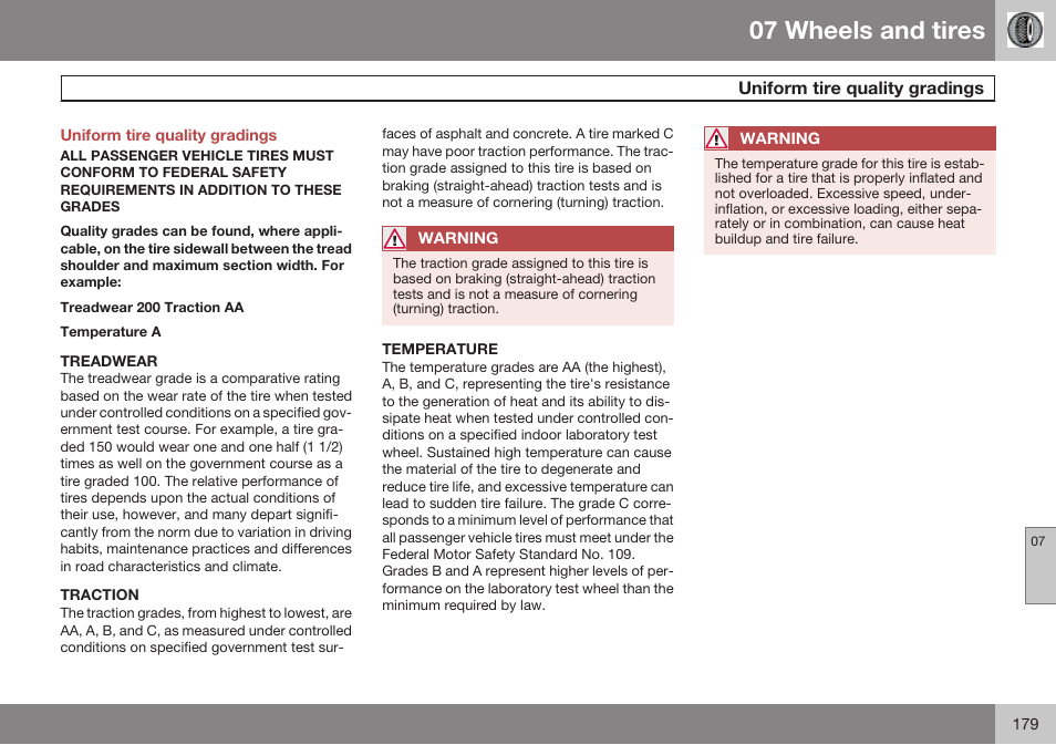 Uniform tire quality gradings, 07 wheels and tires | Volvo 2009 C70 User Manual | Page 179 / 278