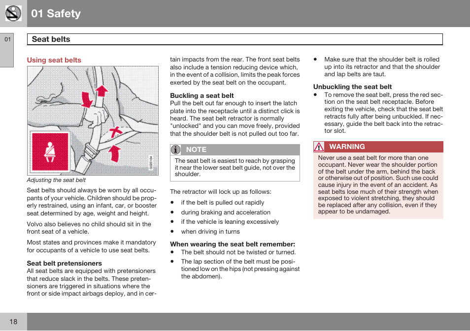 Using seat belts, Seat belts, 01 safety | Volvo 2009 C70 User Manual | Page 18 / 278