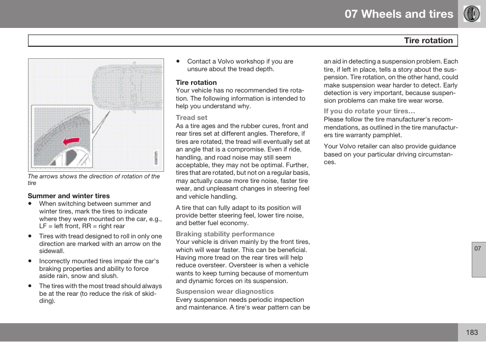 Tire rotation, 07 wheels and tires | Volvo 2009 C70 User Manual | Page 183 / 278