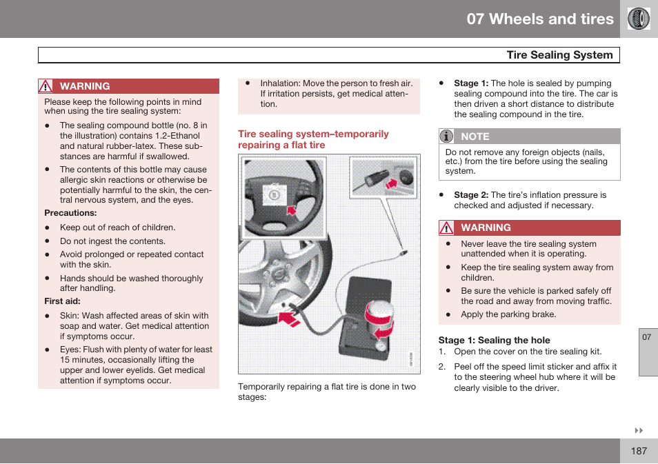 Stage 1: sealing the hole, 07 wheels and tires | Volvo 2009 C70 User Manual | Page 187 / 278