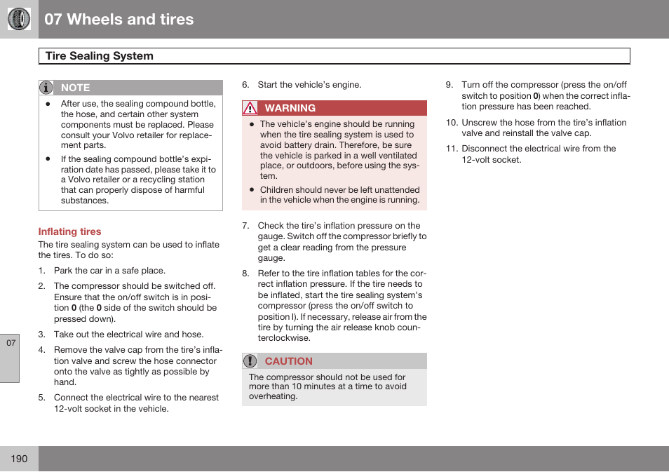 Inflating tires, 07 wheels and tires | Volvo 2009 C70 User Manual | Page 190 / 278