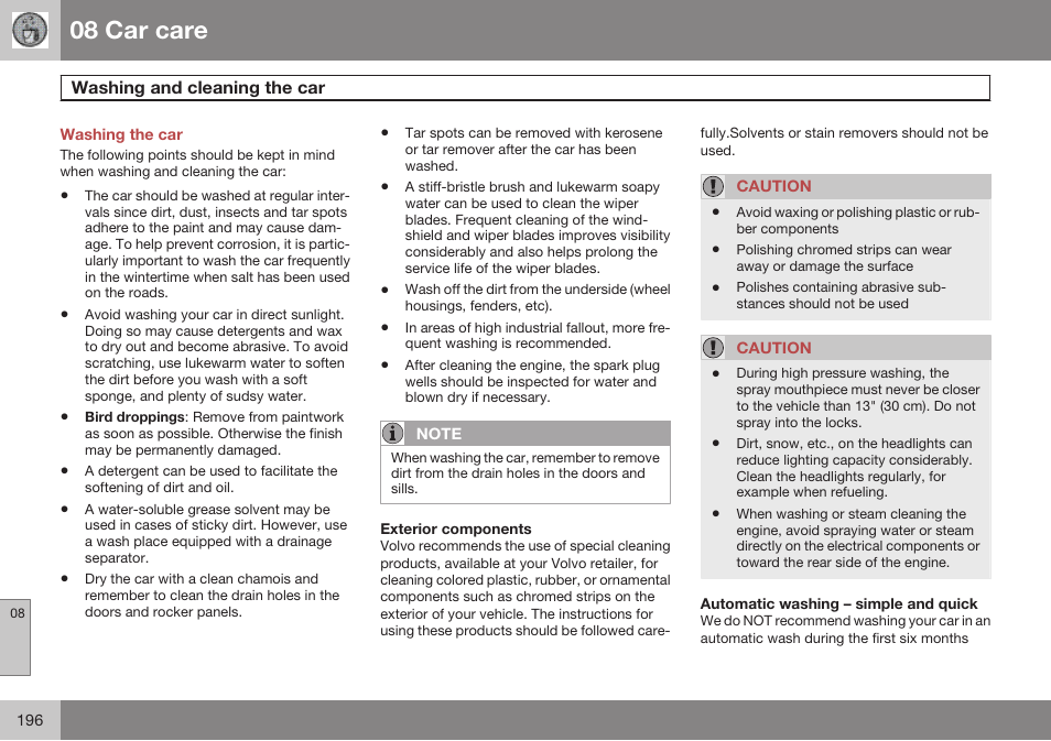 Car care, Washing and cleaning the car, 08 car care | Volvo 2009 C70 User Manual | Page 196 / 278