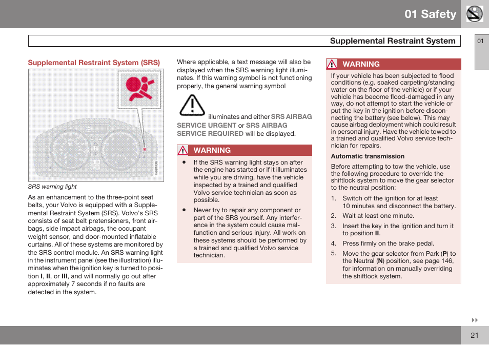 Supplemental restraint system (srs), Supplemental restraint system, 01 safety | Volvo 2009 C70 User Manual | Page 21 / 278