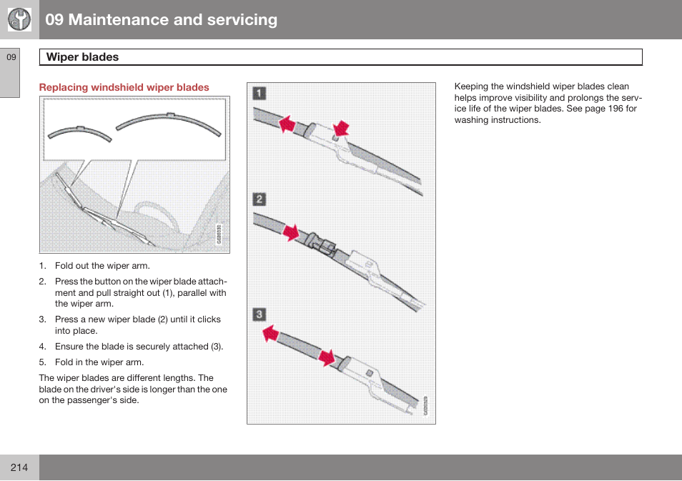 Replacing windshield wiper blades, Wiper blades, 09 maintenance and servicing | Volvo 2009 C70 User Manual | Page 214 / 278