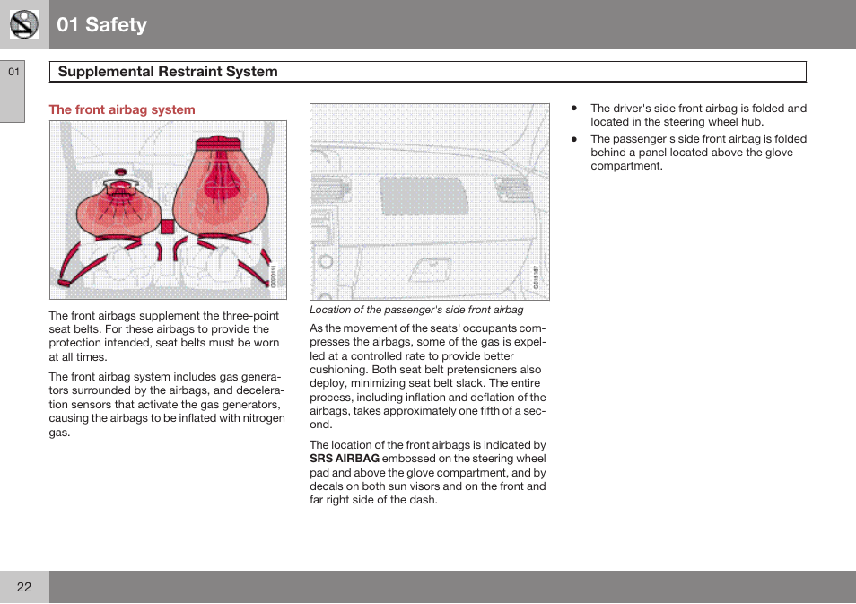 The front airbag system, 01 safety | Volvo 2009 C70 User Manual | Page 22 / 278