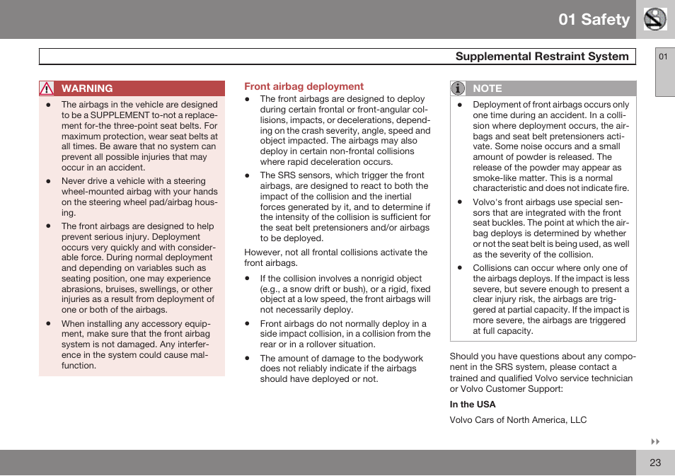 Front airbag deployment, 01 safety | Volvo 2009 C70 User Manual | Page 23 / 278
