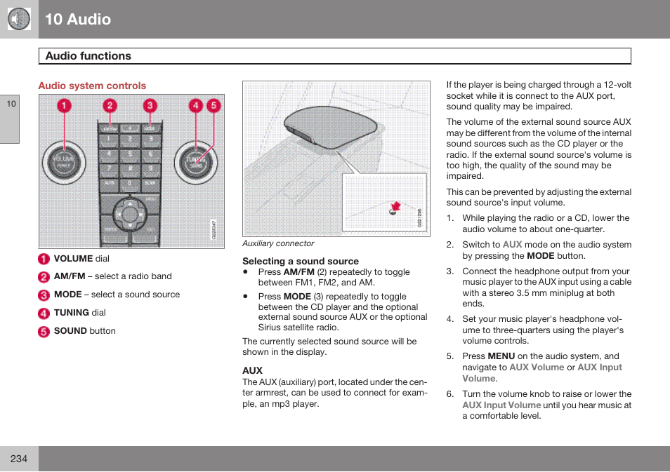 Audio, Audio functions, 10 audio | Volvo 2009 C70 User Manual | Page 234 / 278