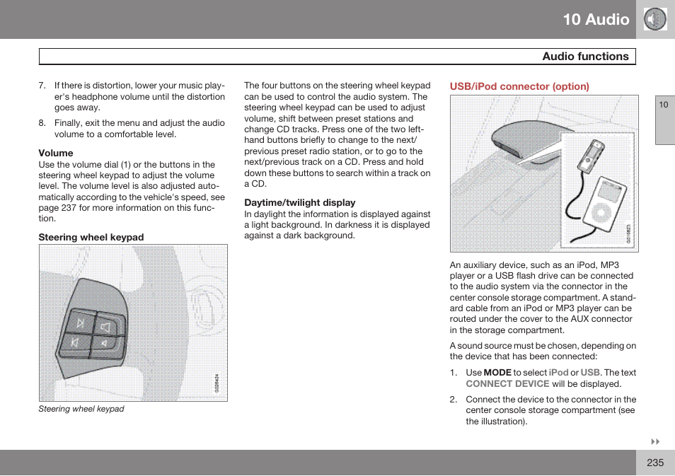 Usb/ipod connector (option), 10 audio | Volvo 2009 C70 User Manual | Page 235 / 278
