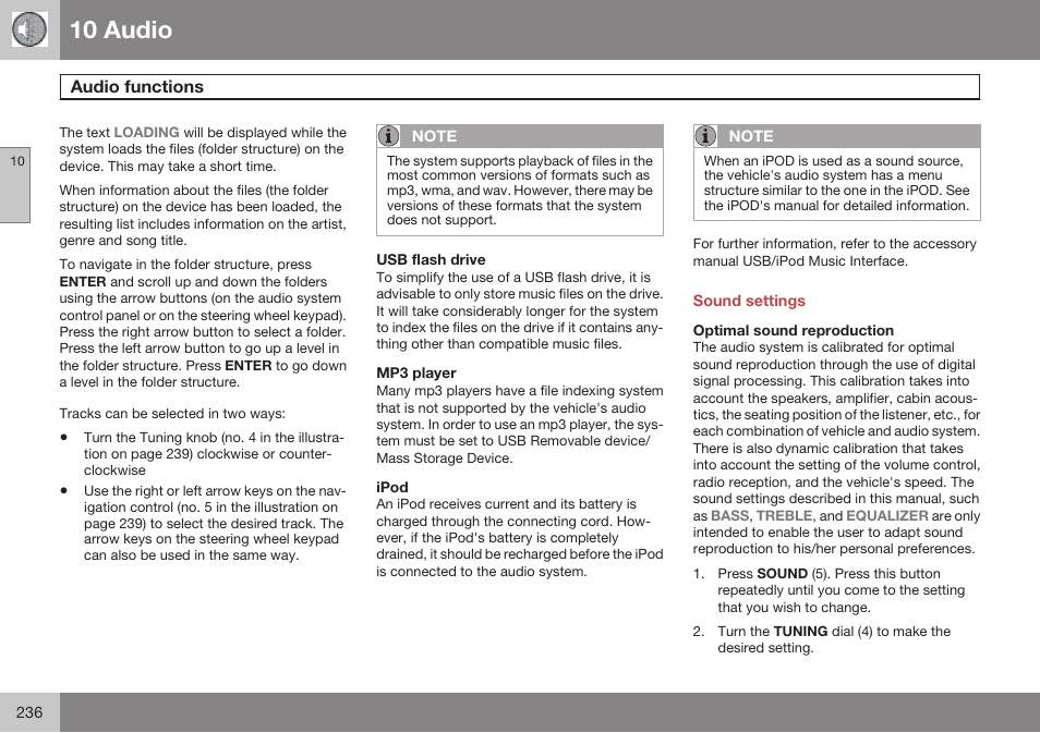 Usb flash drive, Mp3 player, Ipod | Sound settings, Optimal sound reproduction, 10 audio | Volvo 2009 C70 User Manual | Page 236 / 278