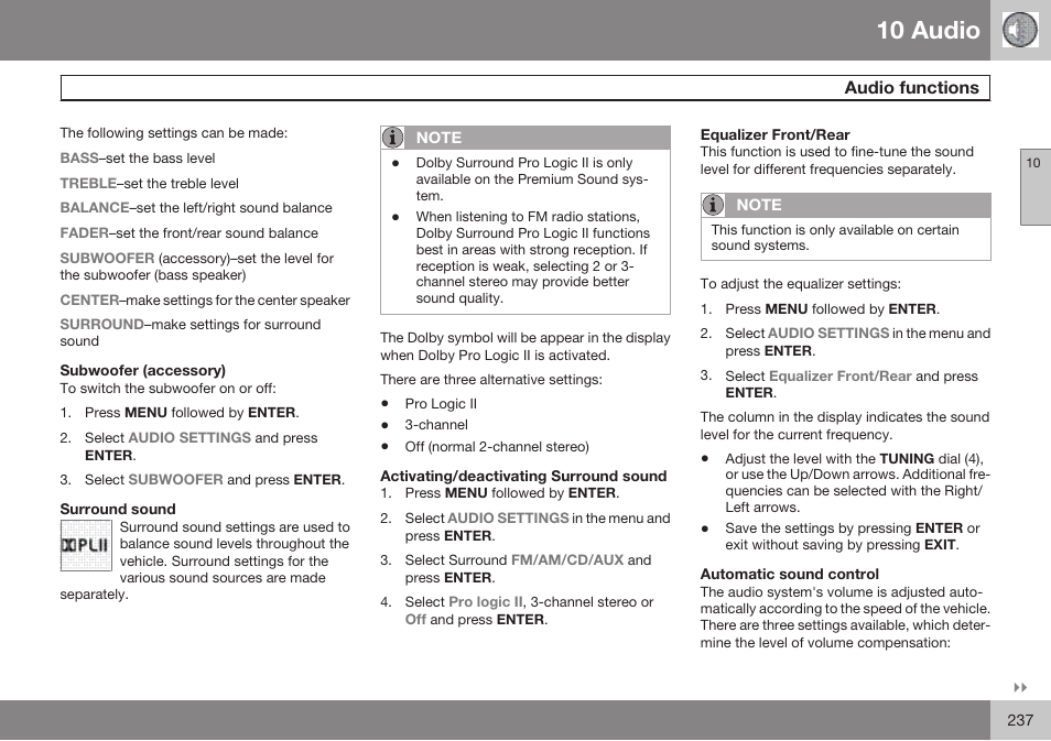 Subwoofer (accessory), Surround sound, Activating/deactivating surround sound | Equalizer front/rear, Automatic sound control, 10 audio | Volvo 2009 C70 User Manual | Page 237 / 278