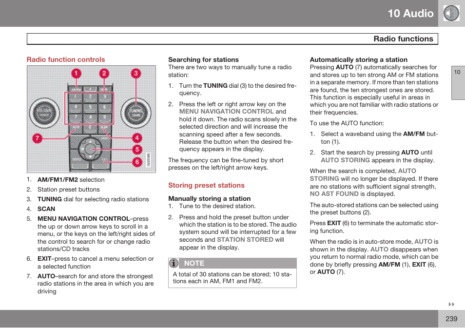 Radio function controls, Radio functions, Storing preset stations | Manually storing a station, Automatically storing a station, 10 audio | Volvo 2009 C70 User Manual | Page 239 / 278