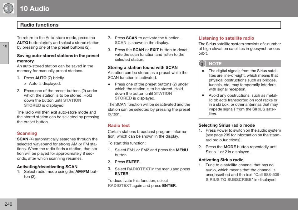 Saving auto-stored stations in the preset memory, Scanning, Activating/deactivating scan | Storing a station found with scan, Radio text, Listening to satellite radio, Selecting sirius radio mode, Activating sirius radio, 10 audio | Volvo 2009 C70 User Manual | Page 240 / 278