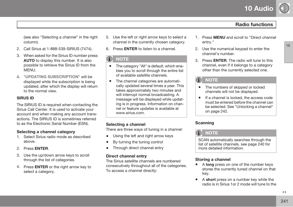 Selecting a channel category, Selecting a channel, Direct channel entry | Scanning, Storing a channel, 10 audio | Volvo 2009 C70 User Manual | Page 241 / 278