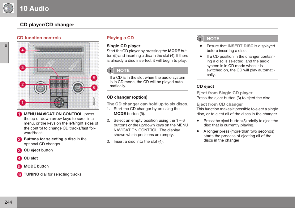 Cd function controls, Cd player/cd changer, Playing a cd | Single cd player, Cd changer (option), Cd eject, 10 audio | Volvo 2009 C70 User Manual | Page 244 / 278