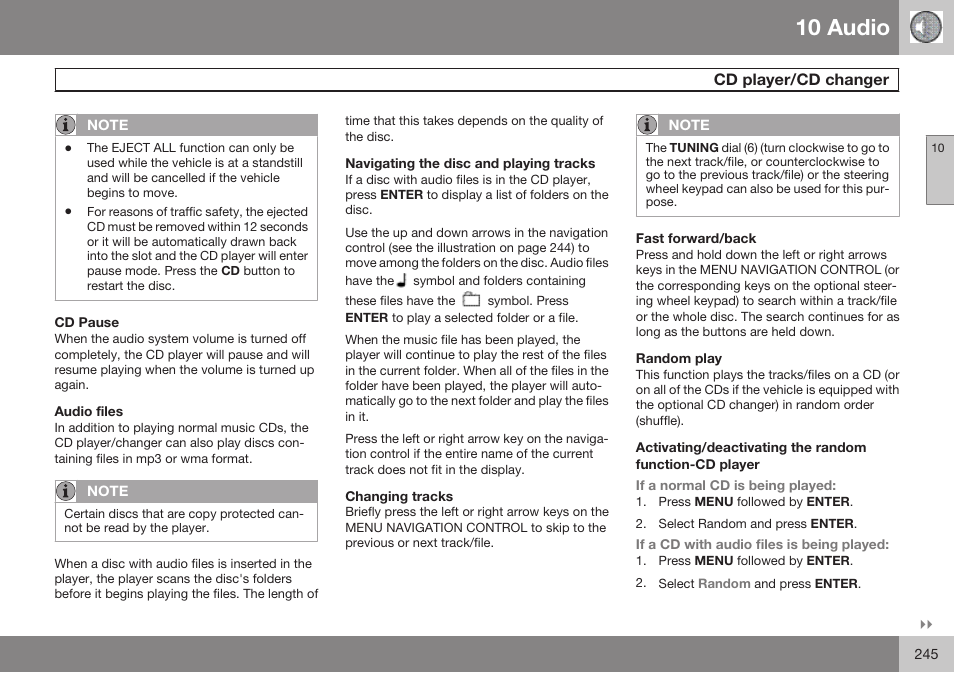 Cd pause, Audio files, Navigating the disc and playing tracks | Changing tracks, Fast forward/back, Random play, 10 audio | Volvo 2009 C70 User Manual | Page 245 / 278