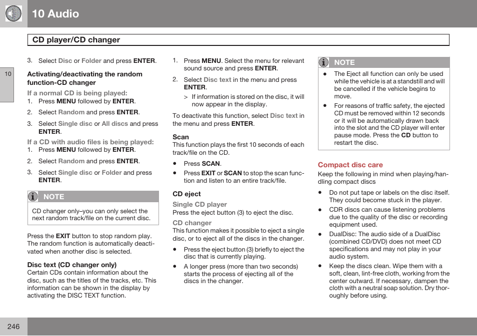 Disc text (cd changer only), Scan, Cd eject | Compact disc care, 10 audio | Volvo 2009 C70 User Manual | Page 246 / 278
