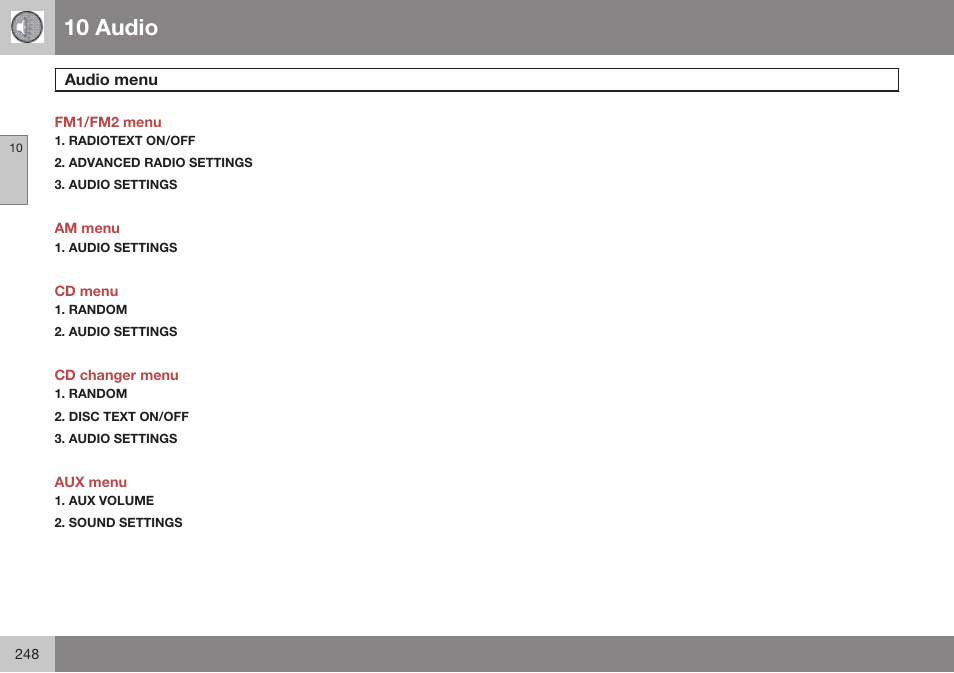 Fm1/fm2 menu, Audio menu, Am menu | Cd menu, Cd changer menu, Aux menu, 10 audio | Volvo 2009 C70 User Manual | Page 248 / 278