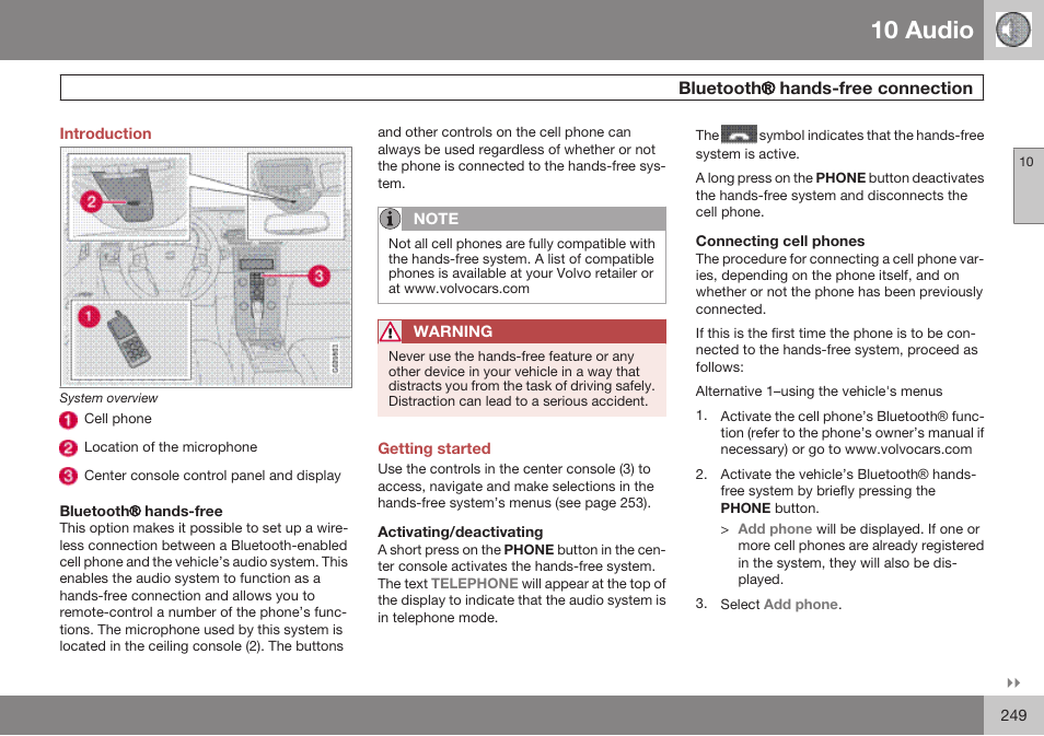Introduction, Bluetooth® hands-free connection, Getting started | Activating/deactivating, Connecting cell phones, 10 audio | Volvo 2009 C70 User Manual | Page 249 / 278